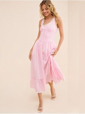 LoveShackFancy Pink Gingham Midi Dress with Ruffle Hem. 100 percent cotton